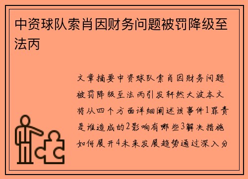 中资球队索肖因财务问题被罚降级至法丙